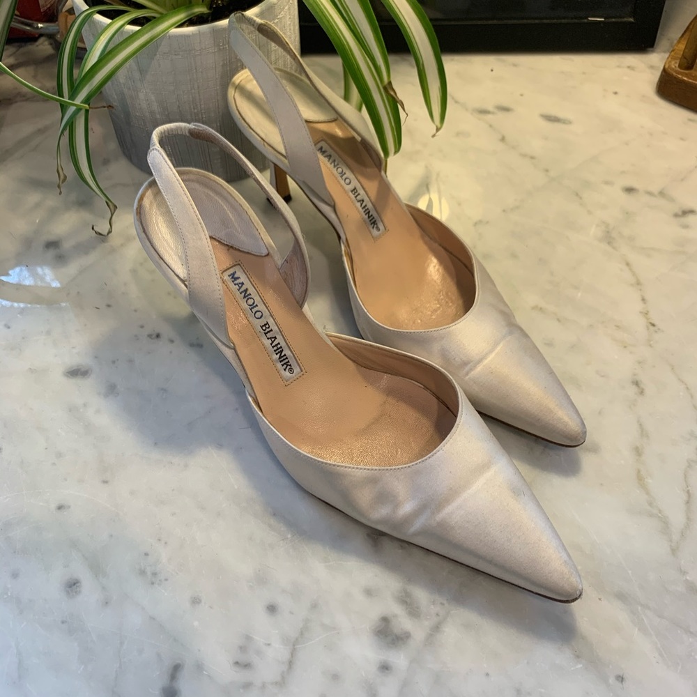 White Satin Manolo Blankik Slingbacks